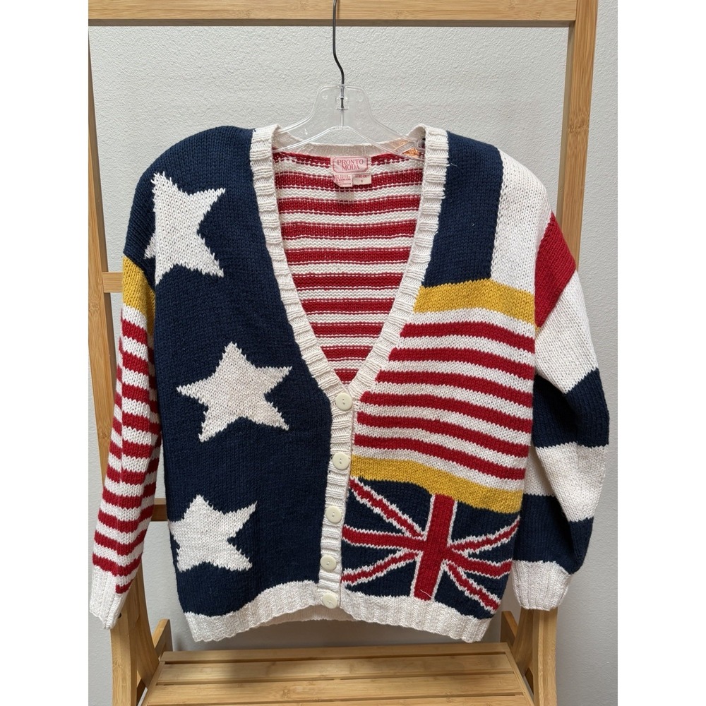 Pronto Moda Women's Patriotic Stars Stripes Union Jack Cardigan Sweater V-Neck S
